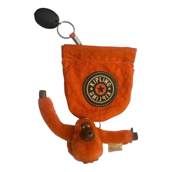 Rare Kipling Coin Purse Squeeze Open Orange Nylon Logo Monkey Keychain - Picture 1 of 7